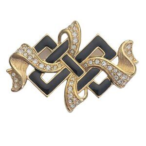 Swarovski Gold Tone Black Enamel Clear Rhinestone Pin Brooch, Swan Logo M934